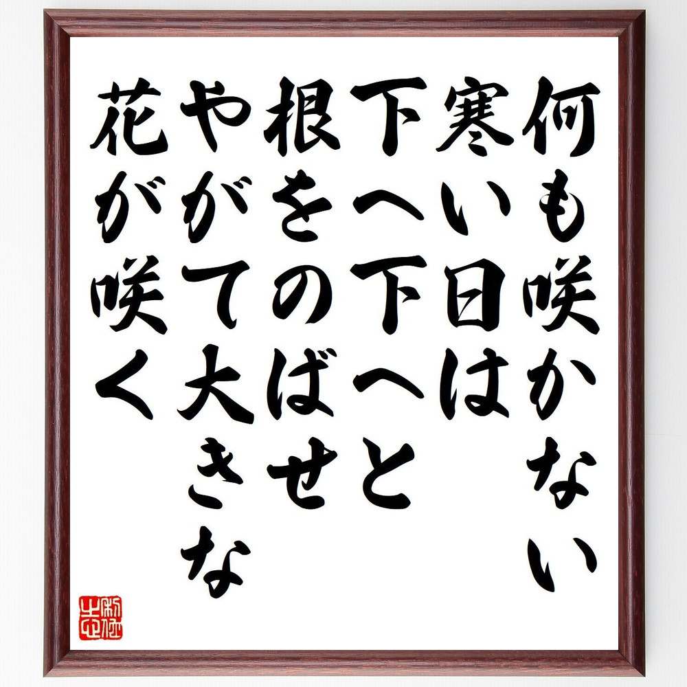 名言「何も咲かない寒い日は、下へ下へと根をのばせ、やがて大きな花が咲く」額付き書道色紙／受注後直筆（名言 グッズ 偉人 座右の銘 壁掛け 贈り物 プレゼント 故事成語 諺 格言 有名人 人気 おすすめ）