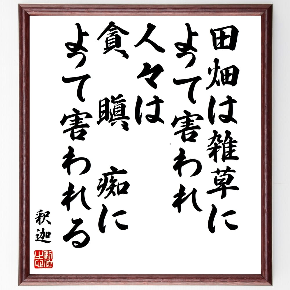 釈迦（仏陀／ブッダ）の名言「田畑は雑草によって害われ、人々は貪、瞋、痴によって害われる」額付き書道色紙／受注後直筆（釈迦 仏陀 ブッダ 名言 グッズ 偉人 座右の銘 壁掛け 贈り物 プレゼント 故事成語 諺 格言 有名人 人気 おすすめ）