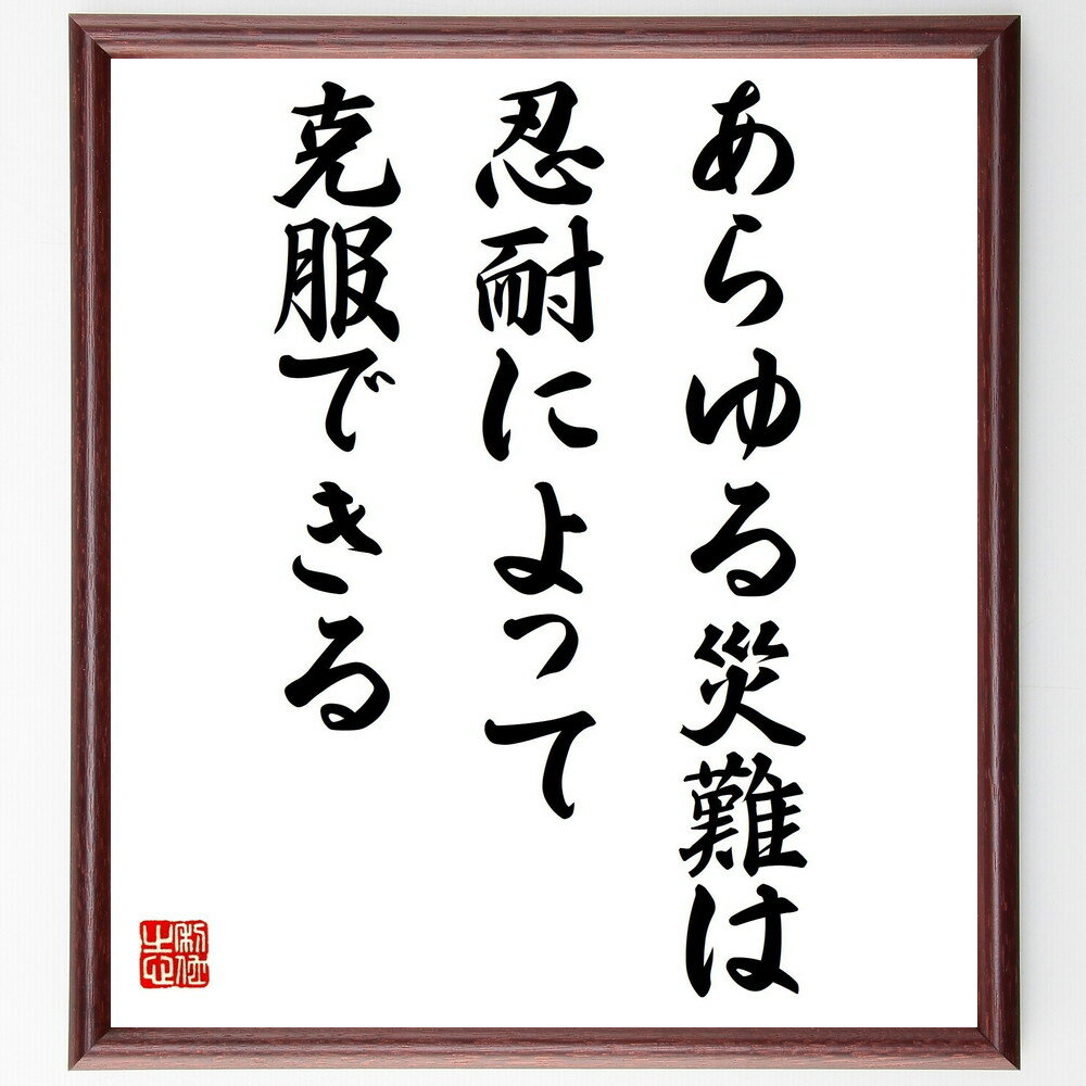 ウェルギリウスの名言「あらゆる災難は、忍耐によって克服できる」手書き書道色紙額／受注後の毛筆直筆（ウェルギリウス 忍耐 災難 克服 名言 逆境 人生の教訓 ストレス管理 希望 勇気 ウェルギリウス 名言 格言 座右の銘 プレゼント 贈り物 お～