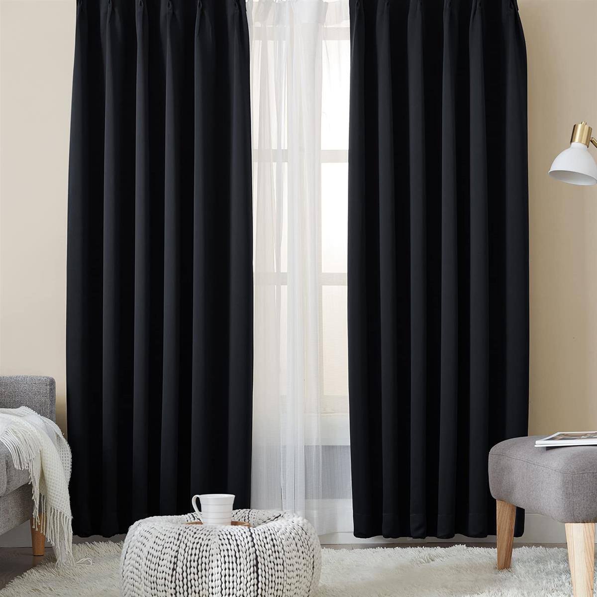 Hansleep カーテン 1級遮光 4枚組 ブラック 幅100cm×丈200cm UVカット 断熱 防寒 防音 省エネ 厚手 無地 おしゃれ カーテンセット 洗える 寝室 リビング用 (ドレープカーテン2枚・レースカーテン2枚)