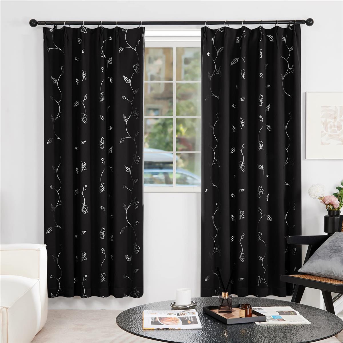 Deconovo 1級遮光カーテン 花柄 省エネ 昼夜目隠し 銀箔プリント 2枚組 幅100cm丈110cm ブラック