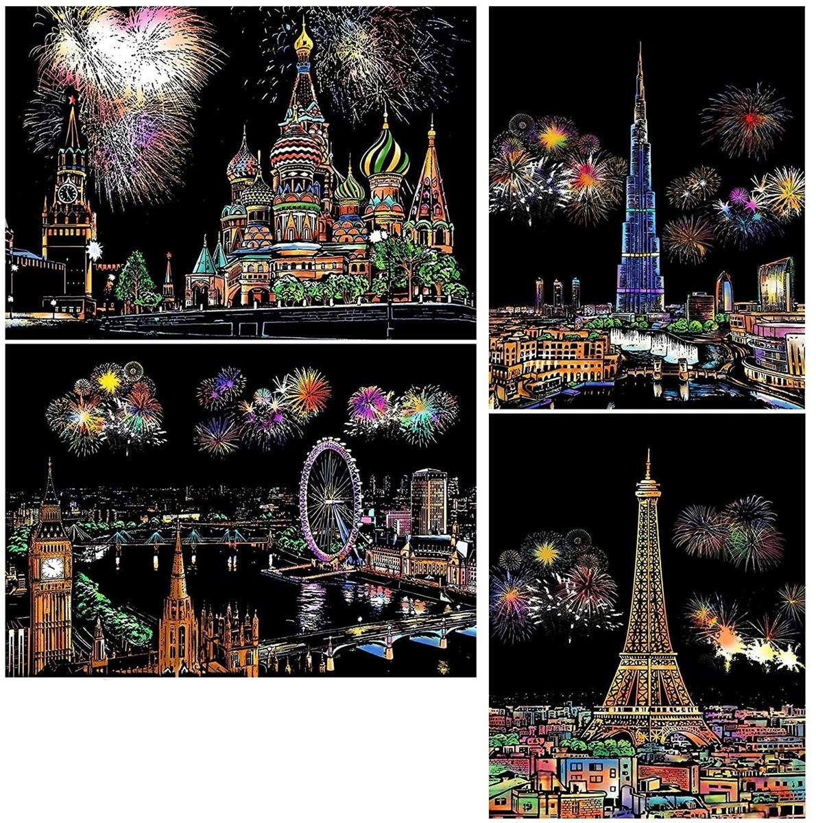 4枚入 スクラッチアート A4サイズ 彫刻アート 削るだけで美しいアート レインボー絵 面白い塗り絵 花火..