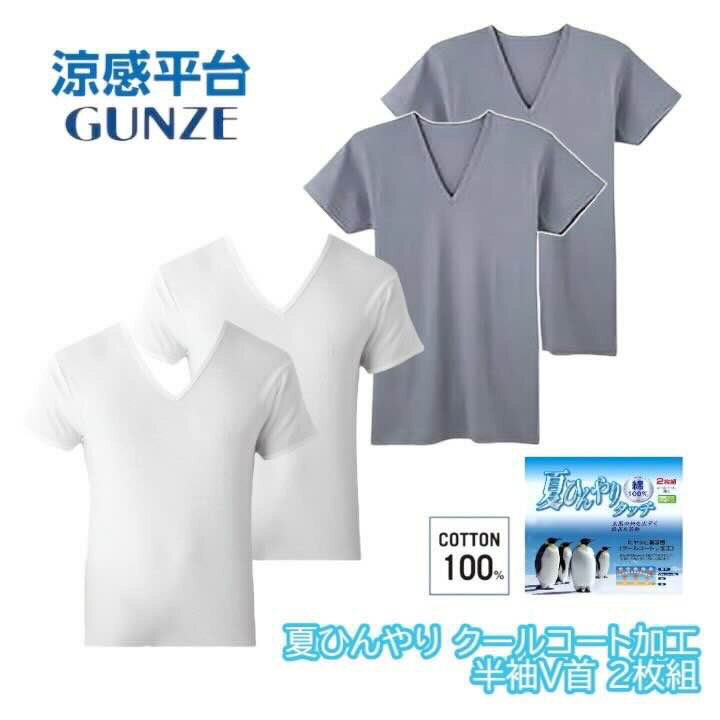 涼感平台 夏ひんやり クールコート加工 綿100% 半袖V首 インナー Tシャツ 2枚組 グンゼ G