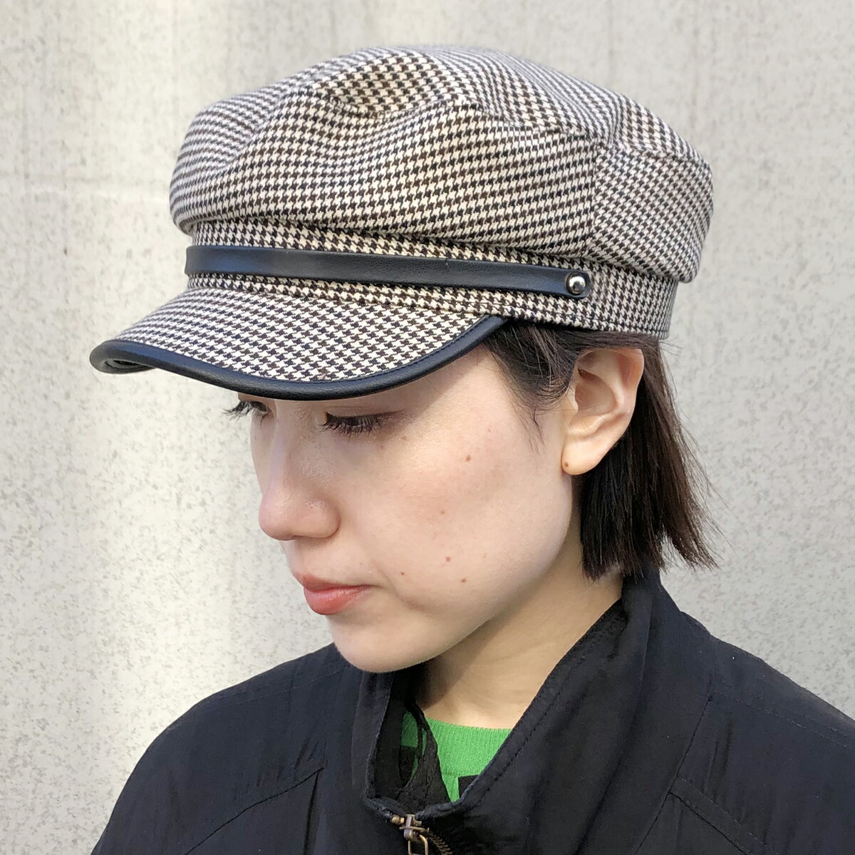 【抗菌 消臭】ベーシックエンチ CHIDORI Marin Cas チドリ マリン キャス 千鳥 フェイクレザー マリンキャス CASQUETTE キャスケット 帽子 レディース サイズ調整 秋冬 千鳥格子 ハンドトゥース レザー フリーサイズ 全2色 lcq-u27601