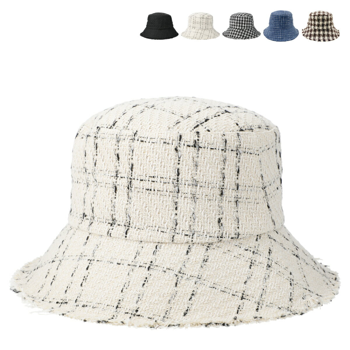 【抗菌 消臭】ベーシックエンチ Tweed Bucket Hat ツイード バケットハット 千鳥 バケット ハット 帽子 レディース サイズ調整 秋冬 フリンジ ばさばさ 小顔 ハンドトゥース 無地 シンプル バケハ バケツ フリーサイズ 全5色 lct-u27613 1