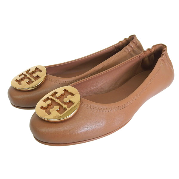 トリーバーチ 靴 レディース パンプス アウトレット 24.5cm レザー ブラウン MINNIE TRAVEL BALLET WITH METAL LOGO 50393-232245 TORY BURCH