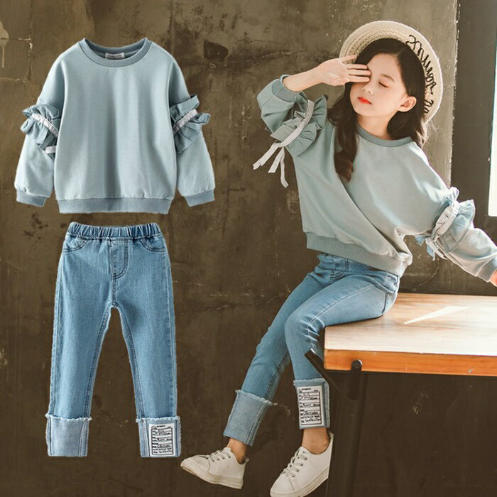 【送料無料】新品 2点セット 女の子 トップス ロングパンツ 上下 セット キッズ 人気 長袖 Tシャツ ジーンズ