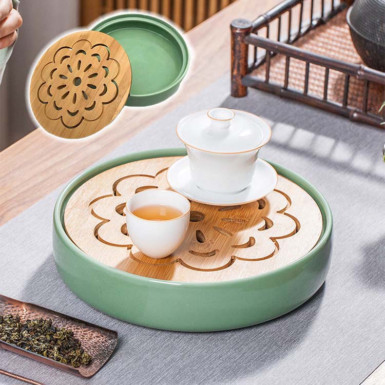 【送料無料】モダン 茶盤 丸型 中国茶道具 竹 お花の透かし 陶磁器製品 茶道具