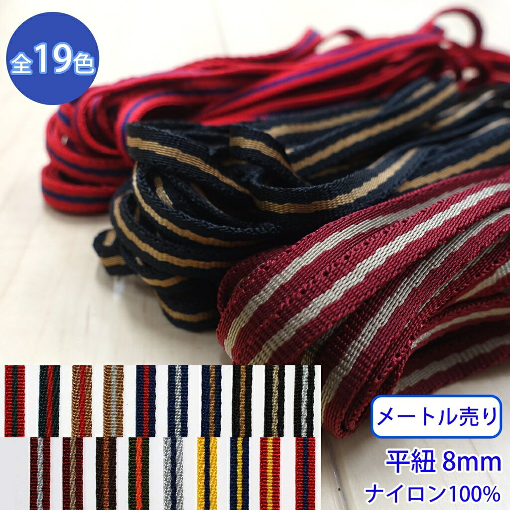 【メール便可：20m迄】メートル売り ニューキュービーライン KN2351 平紐 朱子織 光沢のあるストライプコード ナイロン100% 厚さ2mm x 幅8mm [M便 1/20]