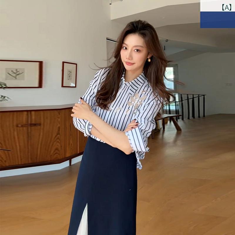 シャツワンピース レディース 2025年の 温泉 服 寛大で 上品な 衣装の 完全な セット クールで ハイエンドの ストライプシャツ スーツ スカートの 女性...