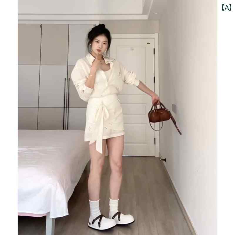 シャツワンピース レディース 韓国 服が 揃った 夏服 高級 感の ある 雰囲気 大人っぽい スリムフィットの シャツ ワンピース セット