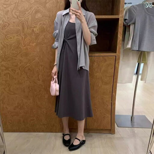 シャツワンピース レディース シャツ グレー サスペンダー ドレスと カーディガンの ツーピース スーツ 女性用 2025 ホット スタイル カジュアル 日焼け防止 スカート シャツワンピース レディース シャツ グレー サスペンダー ドレスと カーディガンの ツーピース スーツ 女性用 2025 ホット スタイル カジュアル 日焼け防止 スカート