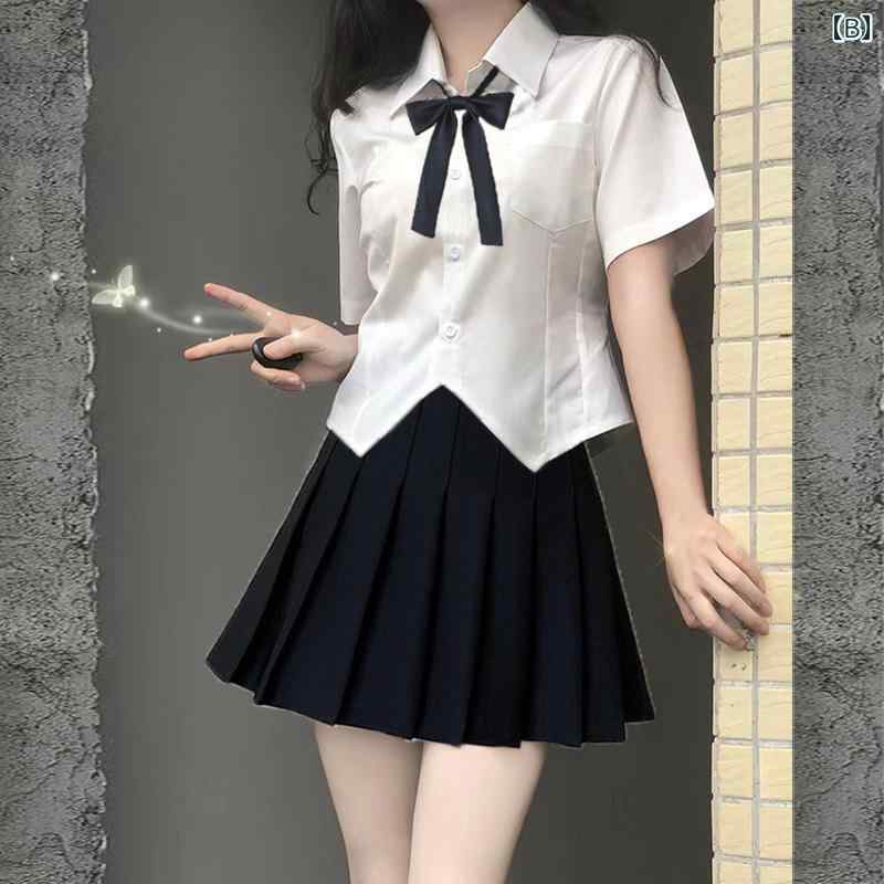 シャツワンピース レディース ウエストの 白い シャツ 女子 学生の 夏の 半袖 プリーツスカートの スーツな JK 制服 カレッジトップ
