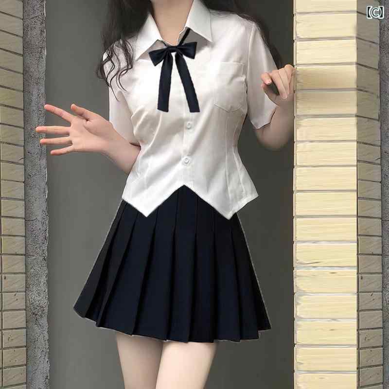 シャツワンピース レディース ウエストの 白い シャツ 女子 学生の 夏の 半袖 プリーツスカートの スーツな JK 制服 カレッジトップ