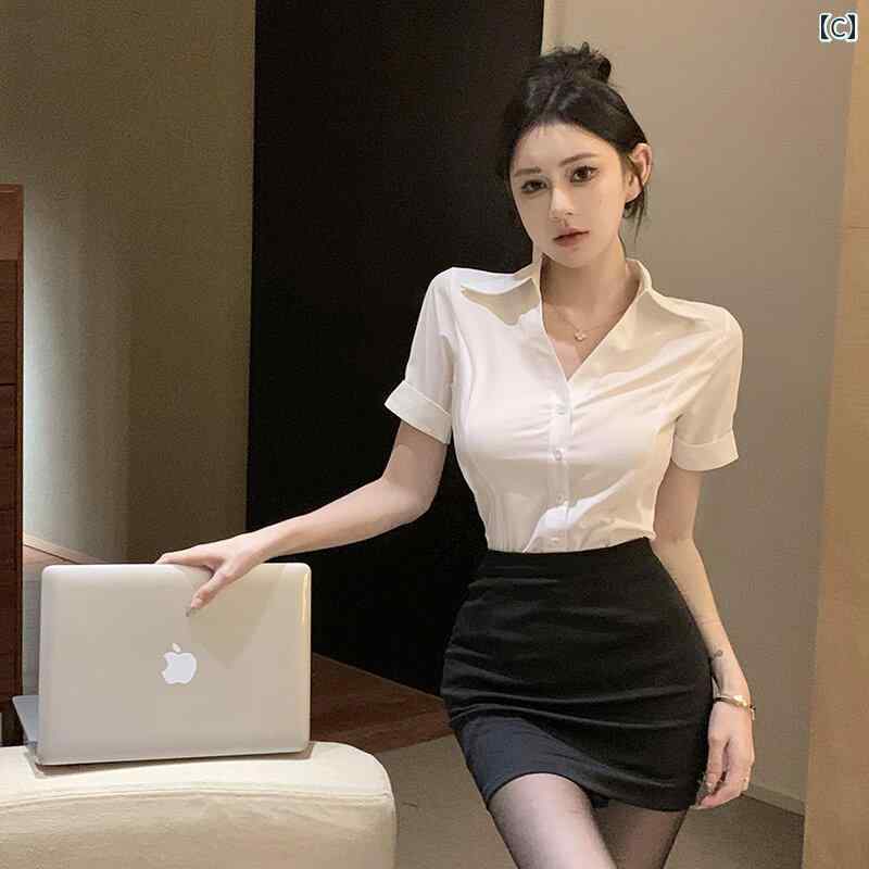 シャツワンピース レディース 白 シャツ 半袖 シフォンシャツ フロント 受付 スチュワーデス 制服 作業着 プロ レディーススーツ スカート 夏