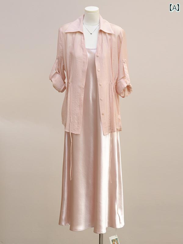 シャツワンピース レディース 2025夏 フレンチ ピンク 薄手 レースアップ ウエスト サンプロテクション シャツ サテン サスペンダー ドレス ツーピース ...