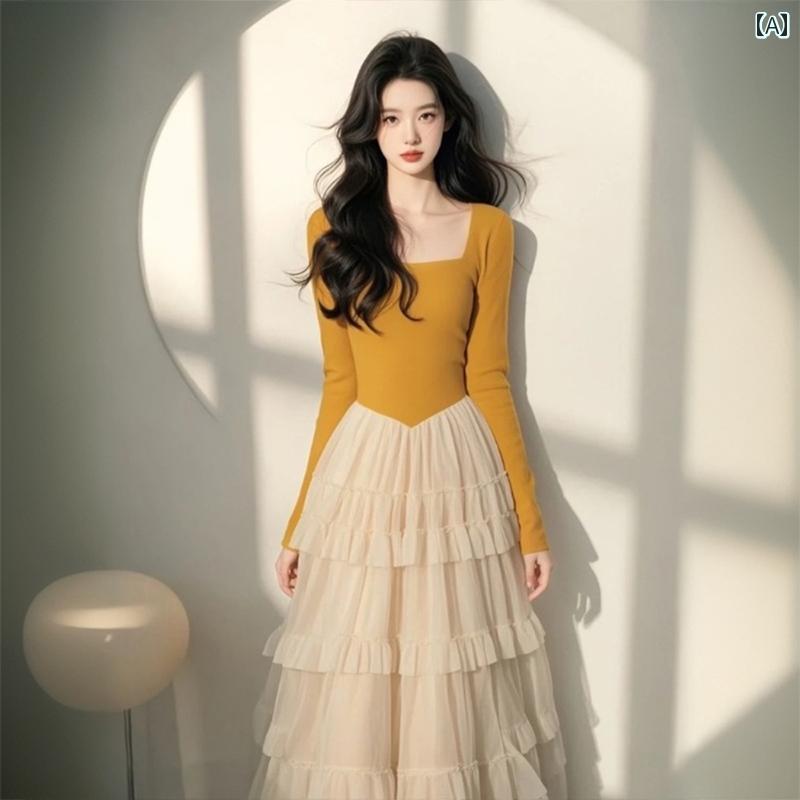 レディース ドレス おしゃれ スクエア カラーの 気質の つなぎ合わせた 黄色の ワンピースの 婦人 服 2025 春の 新作の 金持ち 娘の 優雅な メッシュ...