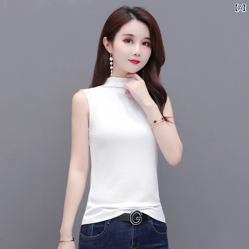 レディース ハイネック タートルネック 夏の 韓国 無地 万能 パイル ハーフ ハイネック モダール ベス..