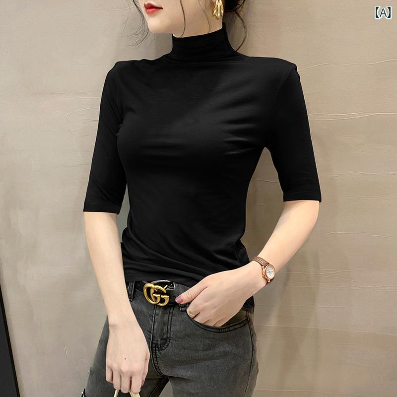 レディース ハイネック タートルネック ブラック モダール ハーフ ハイネック ミドル スリーブ Tシャツ レディース 半袖 2025 タイトフィット ボトム 薄手 インナー トップス
