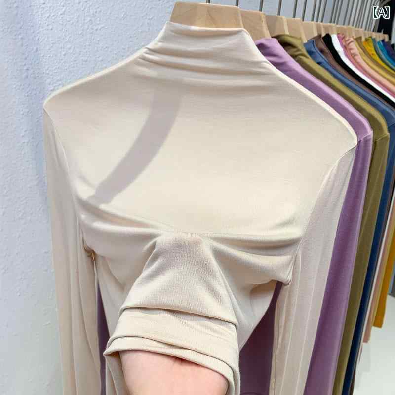 レディース ハイネック タートルネック マッスル ベース レイヤー レディース インナーウェア ハーフ ハイネック 2024 早春 薄手 モダール ソフト タイトフィット トップス(4)