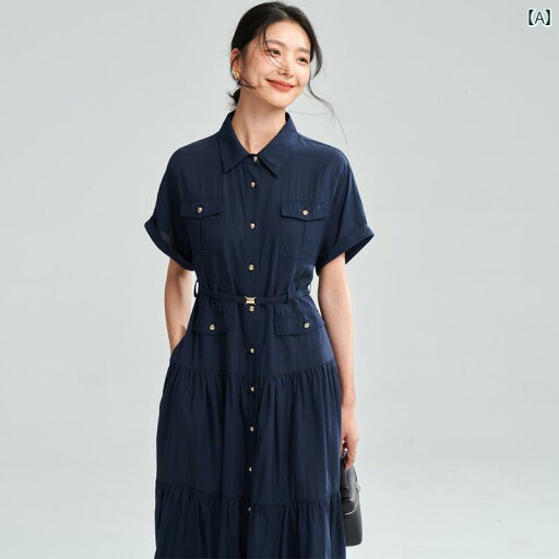 シャツ ワンピース フランス 風の 夏用 ドレス。 半袖 ウエスト シンプル インペリアル スタイル ネイビーブルー aライン シャツ ロング スカート 付き。 シャツ ワンピース フランス 風の 夏用 ドレス。 半袖 ウエスト シンプル インペリアル スタイル ネイビーブルー aライン シャツ ロング スカート 付き。