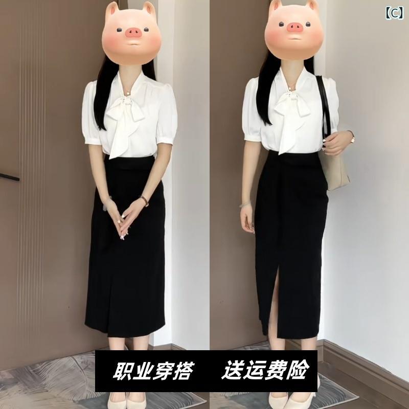 シャツ ワンピース シフォンリボン シャツ レディース 夏 半袖 プロ ウェア フォーマル ホワイト インナー トップ ティーチング 面接 スーツ スカート