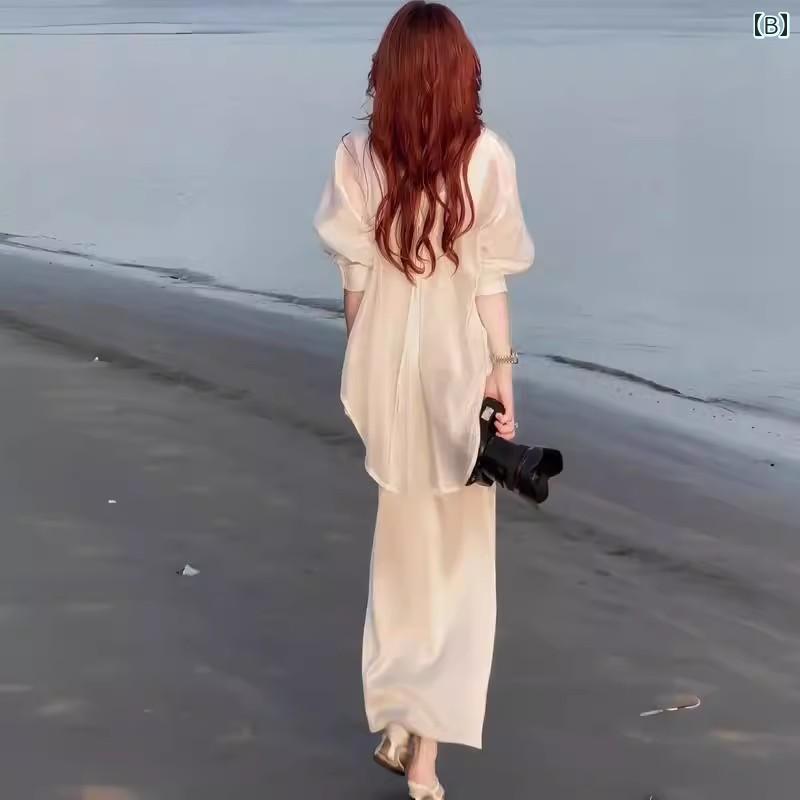 シャツ ワンピース ハイエンド 夏の 薄手 海辺の 休日の ドレスの レディース 氷の 日焼け防止 シャツ サスペンダー スカート ツーピース スーツ ロング