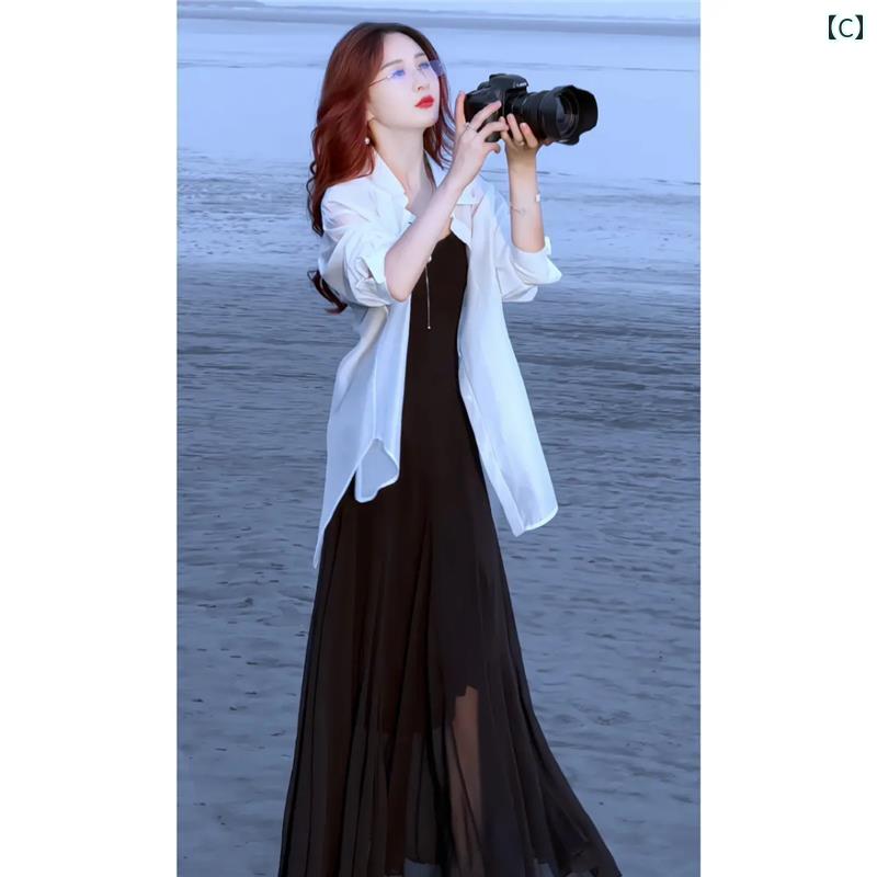 シャツ ワンピース ハイエンド 夏の 薄手 海辺の 休日の ドレスの レディース 氷の 日焼け防止 シャツ サスペンダー スカート ツーピース スーツ ロング