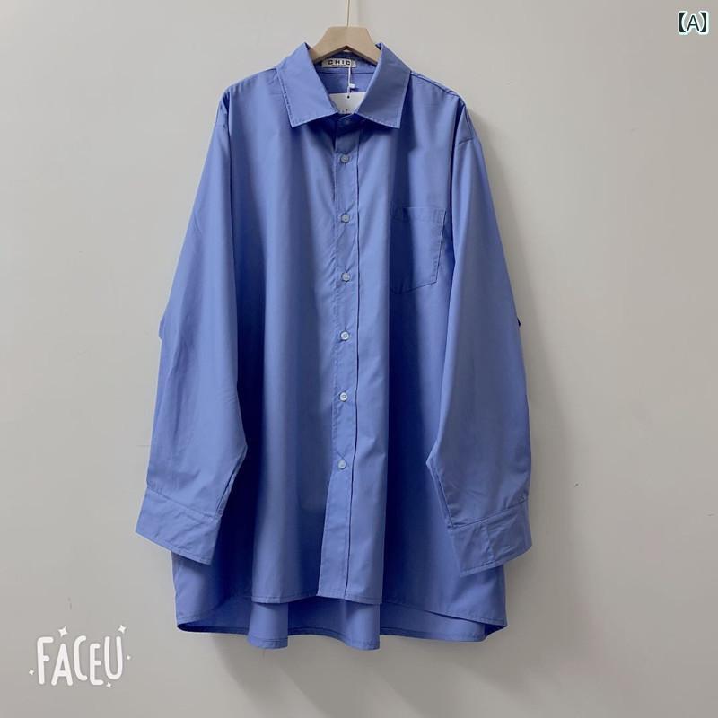 シャツ ワンピース 春秋 レディース 青い シャツ ドレス 韓国 ゆったり した 大きいサイズ オーバー サイズ ボーイフレンド な 長袖