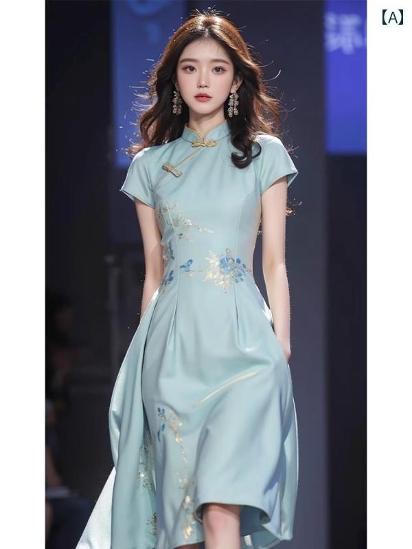 ドレス　レディース　チャイナドレス チャイナ風 女性 服は チャイナ ドレスの 威厳の ある 雰囲気の エレガントの 青い 夏の ドレス 2025 スタイルを しました(4)
