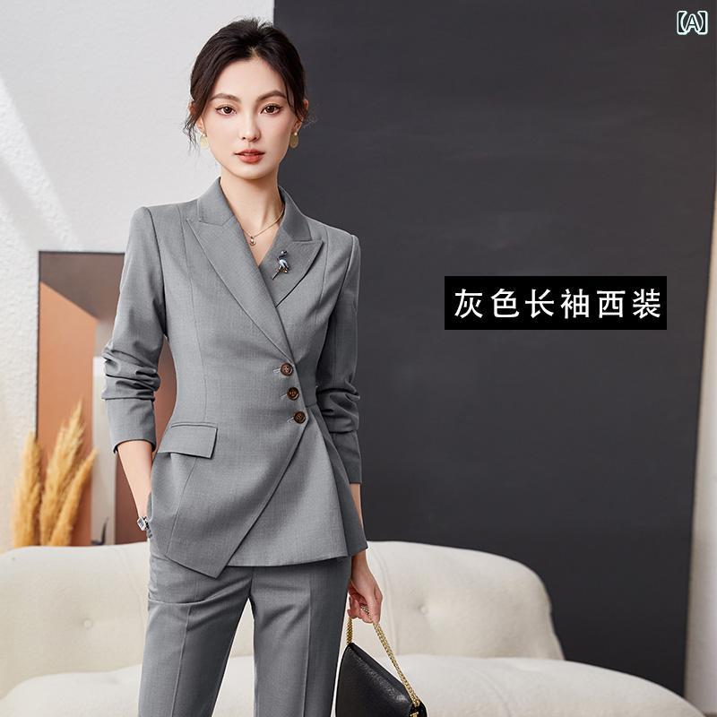 スタイリッシュ 女性 スーツ 女性用 高級 スーツ 2025年 プロ ウェア 仕事 着 グレー 面接 フォーマルウェア