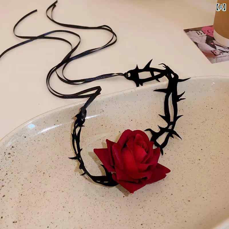 ネック ストラップ アクセサリー 甘くて クールで ホットな 女の子 ダーク 赤い バラの ネックレスの チョーカー カラーの 女性用 ネック ストラップ デコレーション ネット アクセサリー