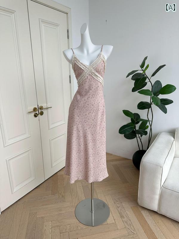 スリムフィット サスペンダードレス 7月末の ロマンチックな ヒロイン Vネック 花柄 サスペンダー ドレス 女性 早春 スリム ステッチ レース ドレープスカート