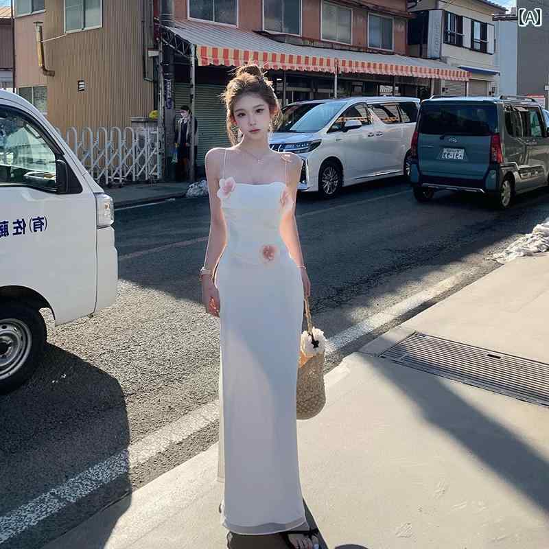 スリムフィット サスペンダードレス フランスの なの 優しい スリング ドレス レディース ウエスト スリム フラワー ロング スカート 夏の スタイル