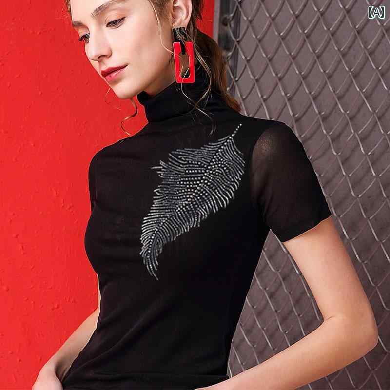 レディース ハイネック タートルネック ハイエンド 赤い Tシャツ 黒い レイヤリング シャツ レディース ハイネック 半袖 レース メッシュトップ で スタイリッシュな 小さい(4)