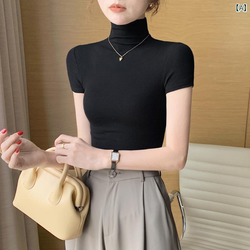 レディース ハイネック タートルネック 黒 ニット ハーフ ハイネック 半袖 Tシャツ レイヤリング シャツ 夏 春秋 2025新 スタイル トップス