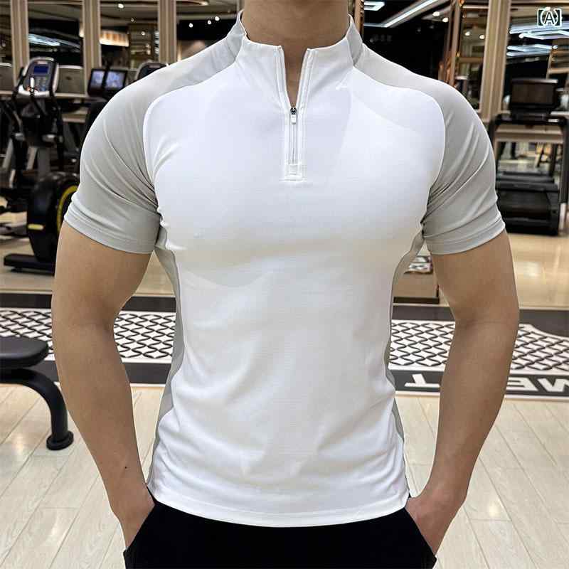 バスケットボール ウェア メンズ ハーフ ジップ 半袖 メンズ 通気性 伸縮性 速乾 服 フィットネストレーニング スタンドカラー スリム スポーツ Tシャツ ポロシャツ