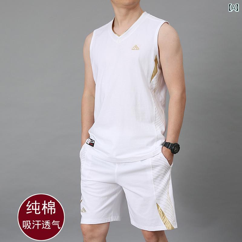 バスケットボール ウェア メンズ 夏 メンズ ランニング スポーツ スーツ バスケットボール 中年 コットン 吸汗 通気性 カジュアル ノースリーブ ベスト ショーツ