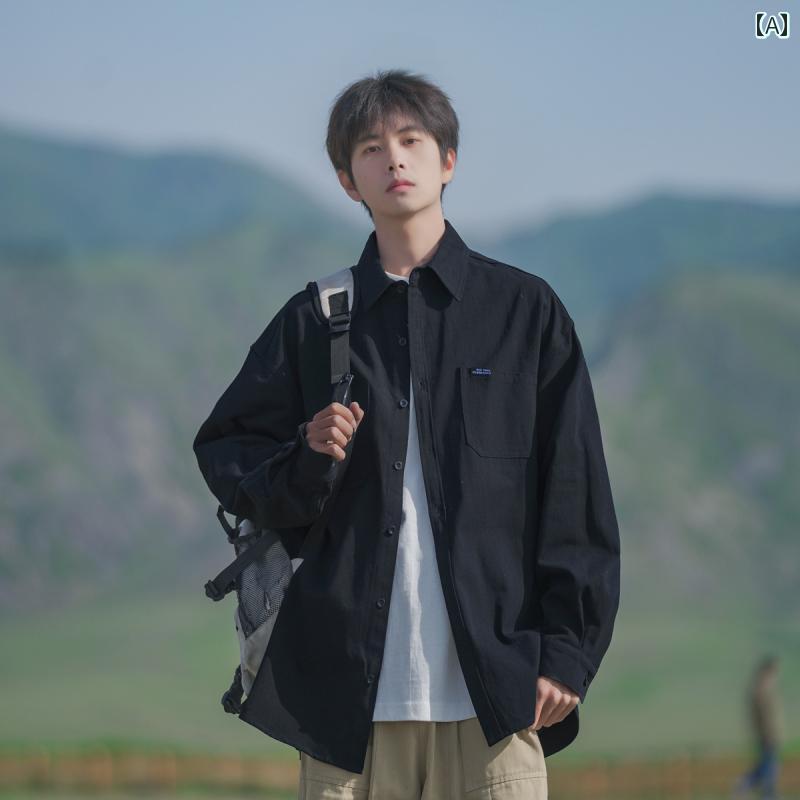 シンプル メンズ Yシャツ 文学 メンズ ブラック ワークウェア 長袖 シャツ 春 カジュアル メンズインナ..