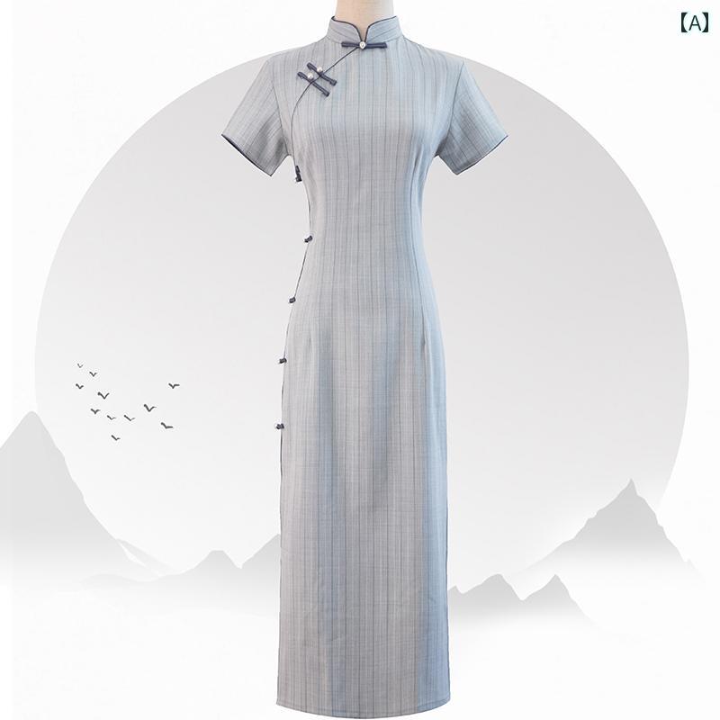 ドレス　チャイナ　レディース レトロ 中華 風 チャイナ ドレス 2025 毎日 高級 スリム レディース小 ストライプ 夏