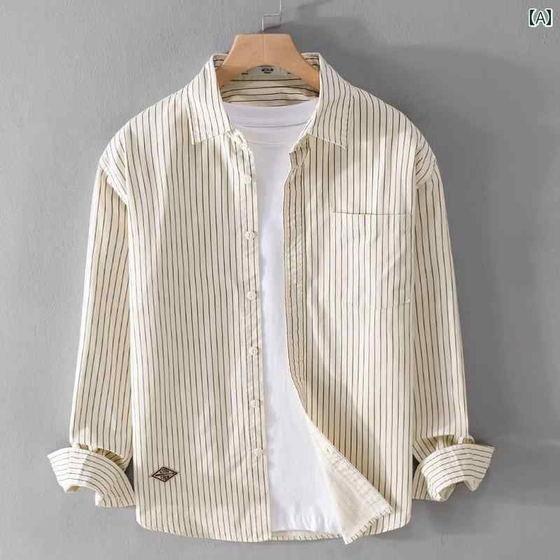 シンプル メンズ Yシャツ さわやか 縦縞 長袖 シャツ メンズ 春夏 なでな 文学 カジュアルの トップス