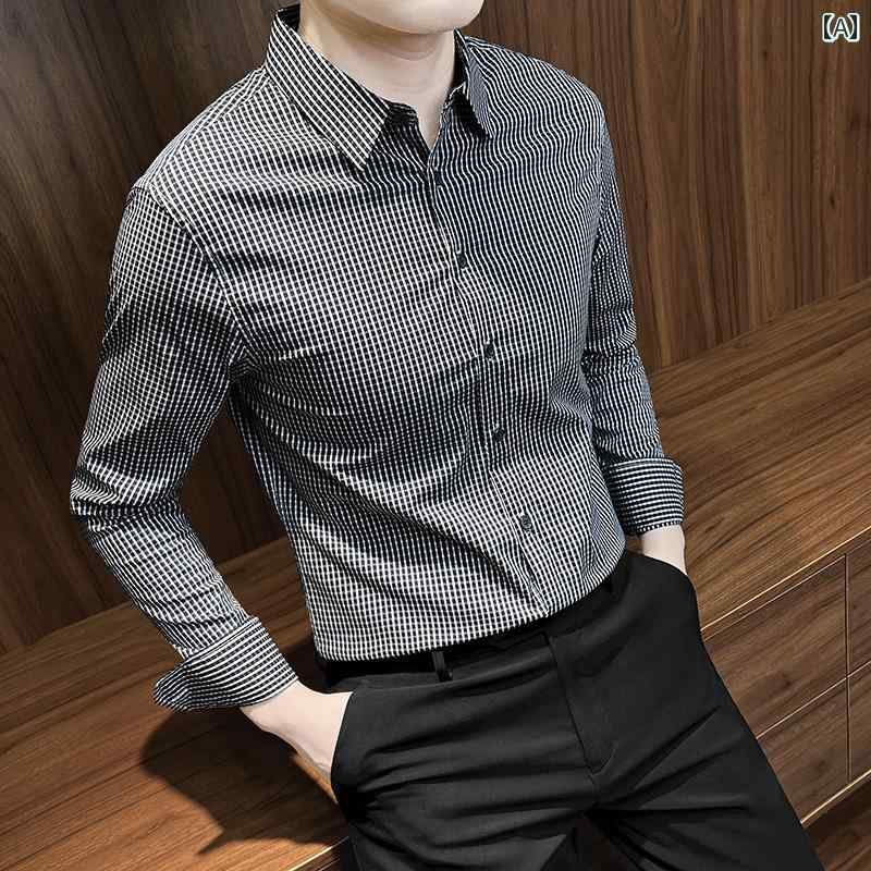 シンプル メンズ Yシャツ チェック 柄 メンズシャツ 長袖 2025 夏 薄手 ビジネス スリム メンズウェア 高級 メンズ