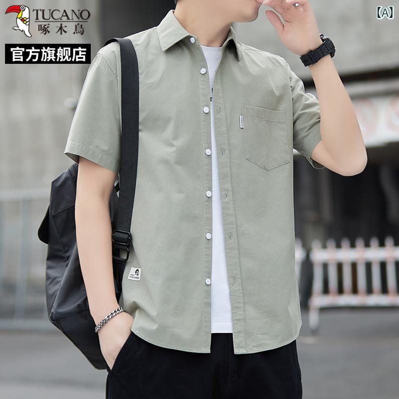 シンプル メンズ Yシャツ 100 % コットン ウッドペッカー メンズ 半袖 シャツ 夏 大きいサイズ ゆったり カジュアル ポケット C(4)