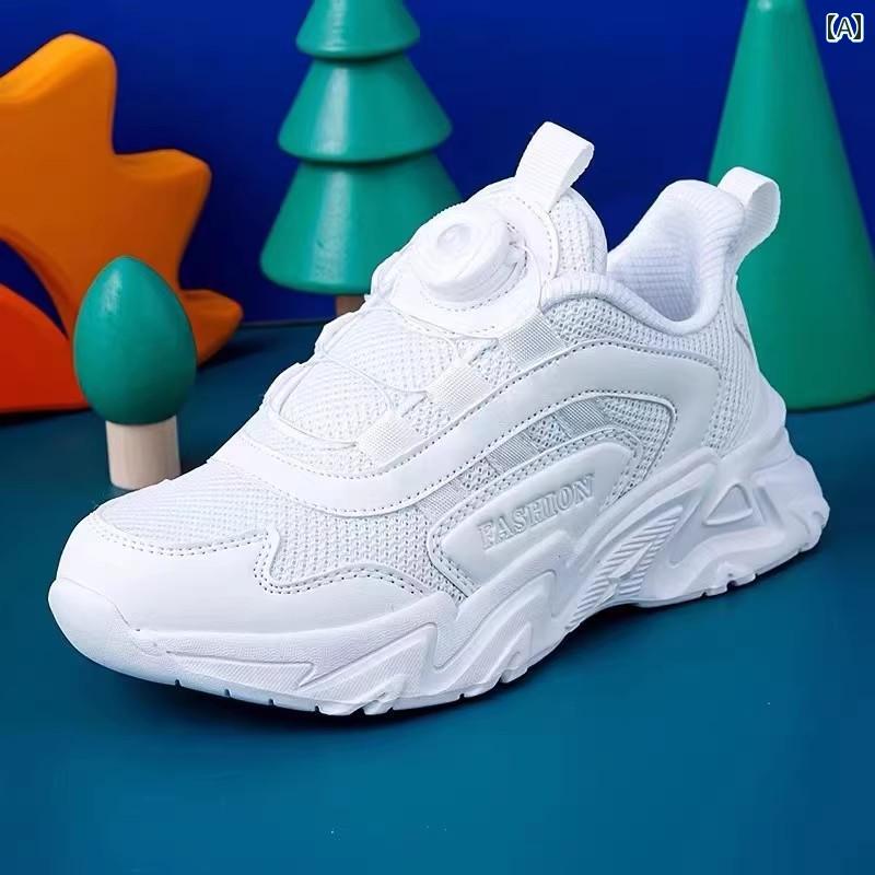 メンズ 白靴 スニーカー メンズシューズ 2025夏用 回転 ボタン 大きいサイズ 子供 ティーンエイジャー 中学生 ホワイト ランニング スポーツ シューズ