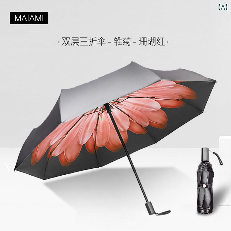 折り畳み式 傘 二 層 デイジー 日傘 日焼け防止と 紫外線 防止 晴 雨 兼用 傘 女性用 折りたたみ 小型 さわやか 黒い ビニール