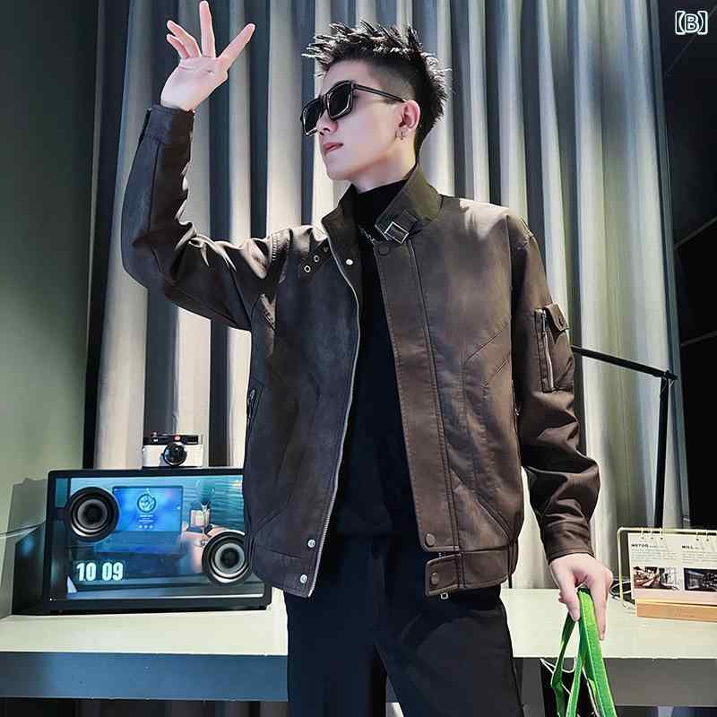 レザー　ジャケット　おしゃれ メンズジャケット 春秋 スタイル スタンドカラー ワークウェア レザージャケット メンズ 2025 カジュアル ショート