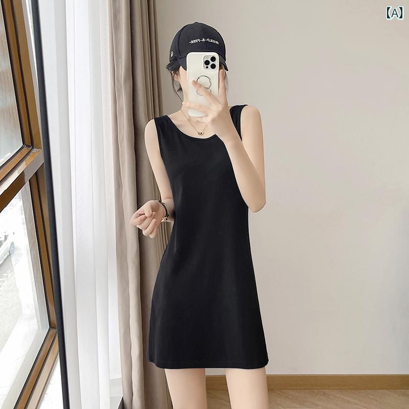 スリムフィット サスペンダー ドレス グレーの ベスト スリムフィット ドレス 女性用 2025夏の新 スタイル ノースリーブ サスペンダー ハイウエスト ミドル 丈 スカート リトル ブラック(4)