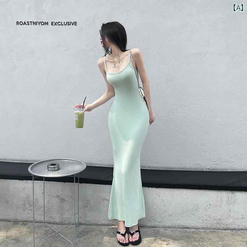 スリムフィット サスペンダー ドレス な U ネック ローカット スリム フィッシュ テール 体型 カバー ママ スカート ロング ヒップ ラップ セクシー サスペンダー ドレス 女性 夏