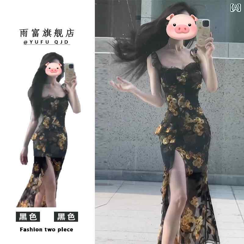 スリムフィット サスペンダードレス ティーブレイク フレンチ フローラル サスペンダー ドレス 女性用 夏 ロイヤル シスター スリム ヒップ 美しく 魅力的な スカート