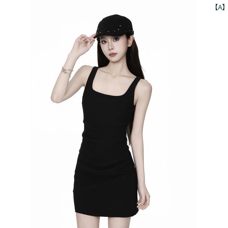 スリムフィット サスペンダードレス 黒の スクエアネック デザイア スリング ヒップ スカート 女性 2025夏 ホット ガール タイト ショ..